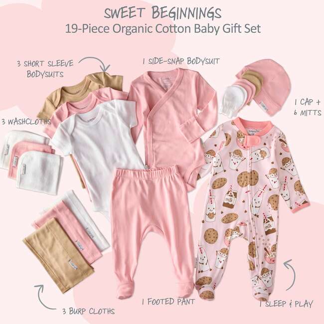 SWEET BEGINNINGS BABY 19-Piece Gift Set, Pink Milk N Cookie Crew - Mixed Apparel Set - 3