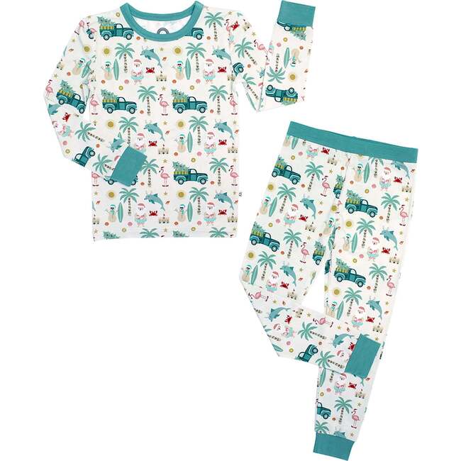 Coastal Christmas Bamboo Long Sleeve Kids Pajama Pants Set Beige/Multi