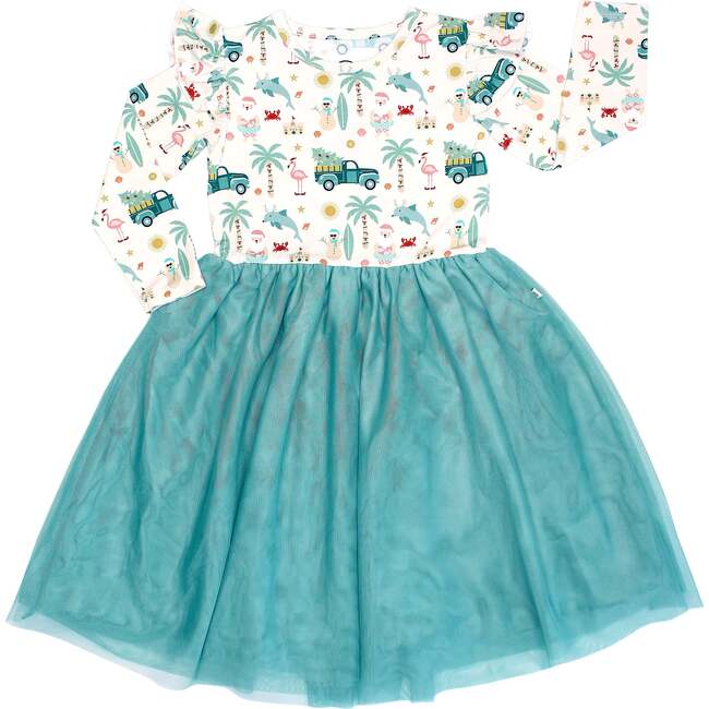 Coastal Christmas Flutter Long Sleeve Tulle Twirl Dress Beige/Multi