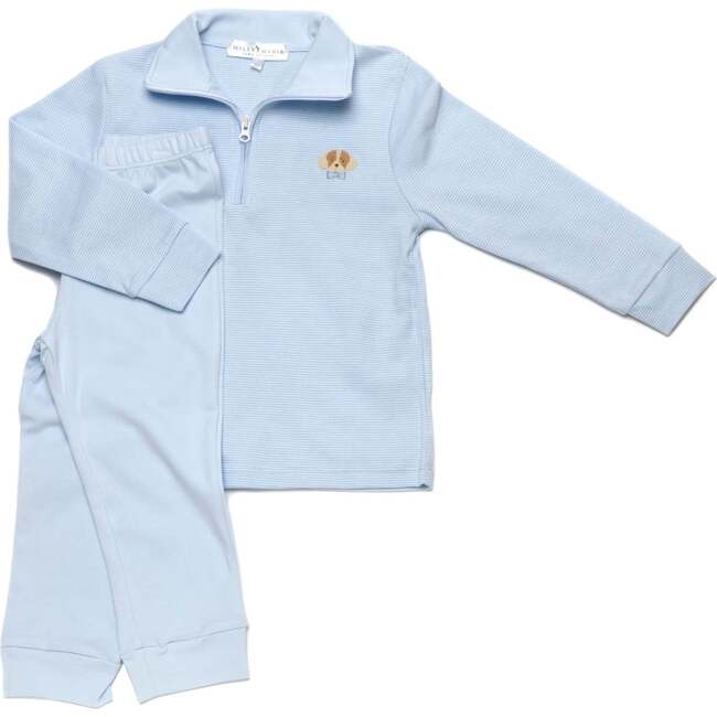 Spotted Puppy Half Zip Baby Pullover Set, Lt Blue Mini Stripe