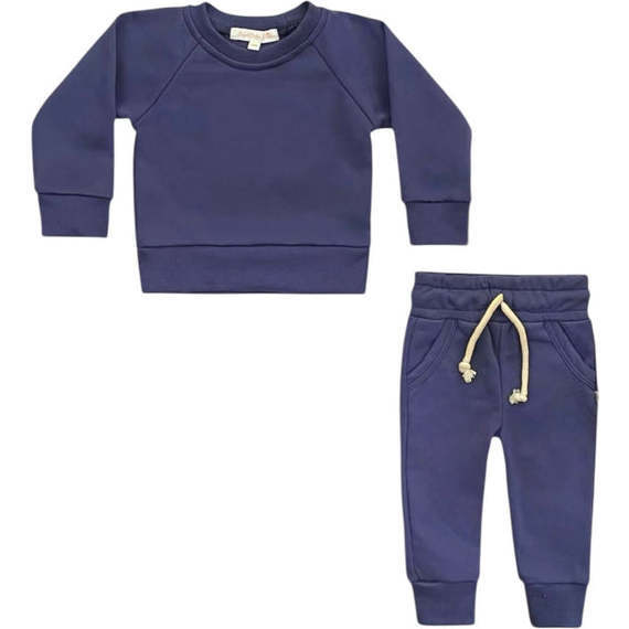 Crewneck Terry Jogger Pant Sweatsuit Set, Indigo Blue