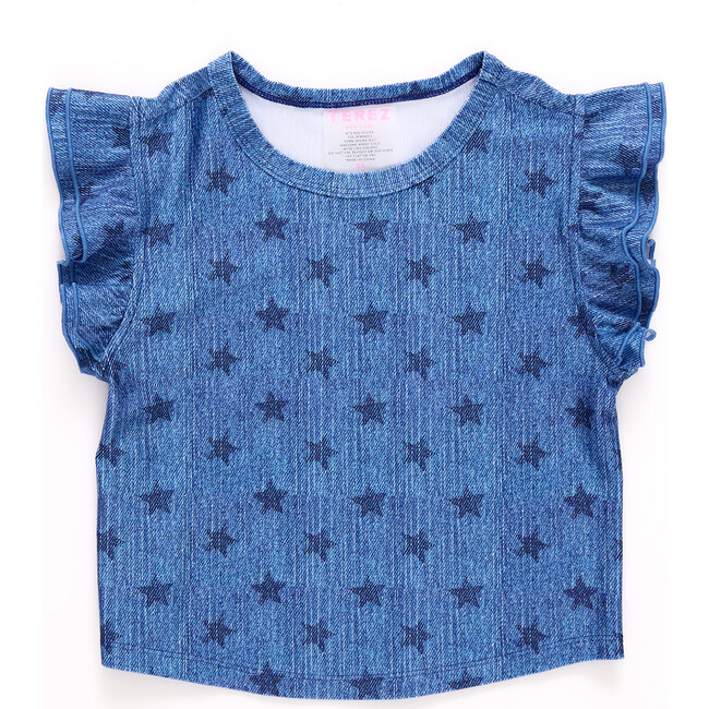 Girls Hi-Shine Ruffle Crop Top, Star Denim