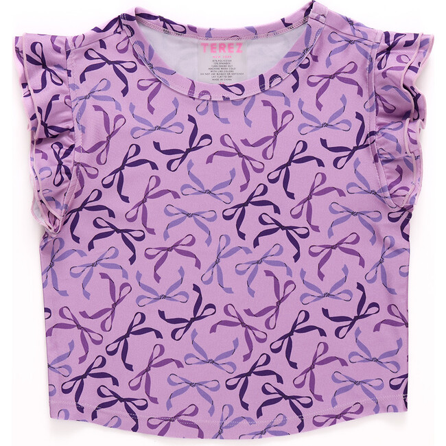 Girls Hi-Shine Ruffle Crop Top, Purple Bows