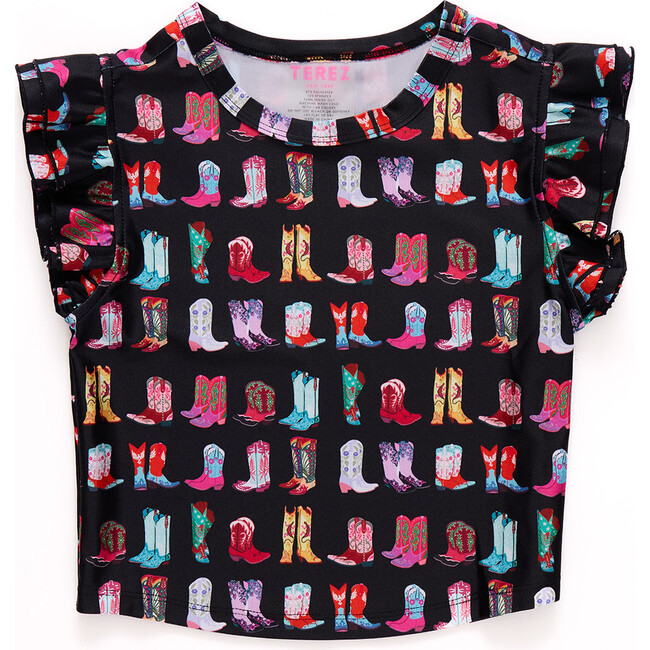Girls Hi-Shine Ruffle Crop Top, Cowgirl Boots on Black