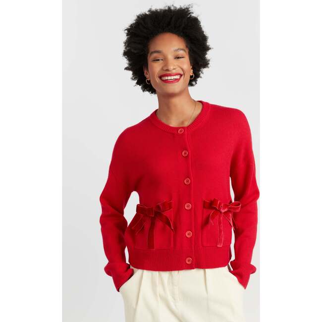 Wool-Cashmere Velvet Bow Cardigan, Velvet Red