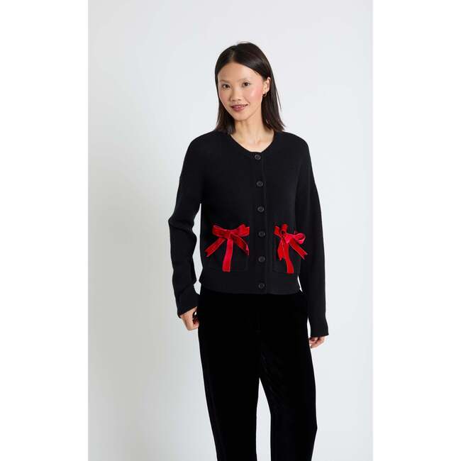 Wool-Cashmere Velvet Bow Cardigan, Black