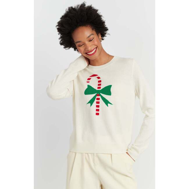 Wool-Cashmere Candy Cane Sweater, Cream