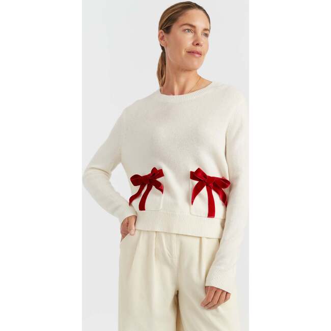 Wool-Cashmere Velvet Bow Sweater, Cream