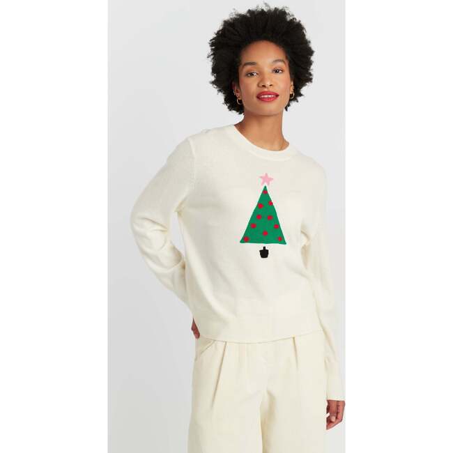 Wool-Cashmere Xmas Tree Sweater, Cream