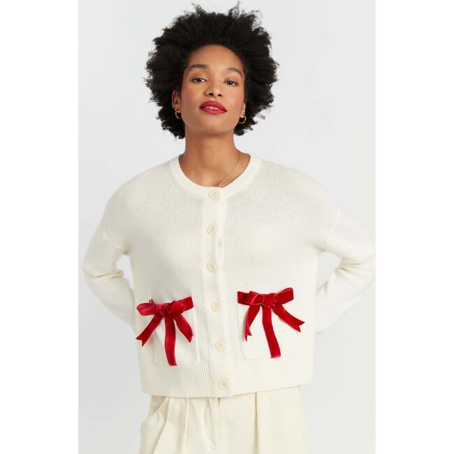 Wool-Cashmere Velvet Bow Cardigan, Cream
