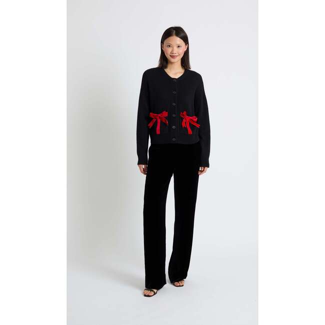 Wool-Cashmere Velvet Bow Cardigan, Black