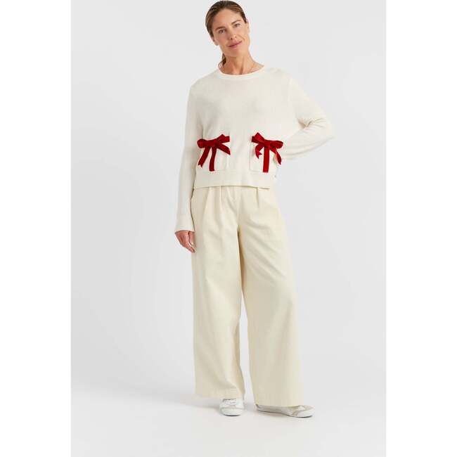 Wool-Cashmere Velvet Bow Sweater, Cream