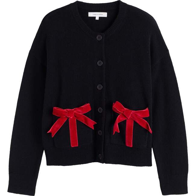 Wool-Cashmere Velvet Bow Cardigan, Black - Sweaters - 3
