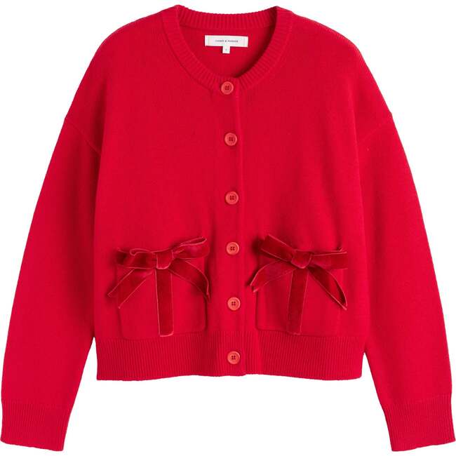Wool-Cashmere Velvet Bow Cardigan, Velvet Red - Sweaters - 3