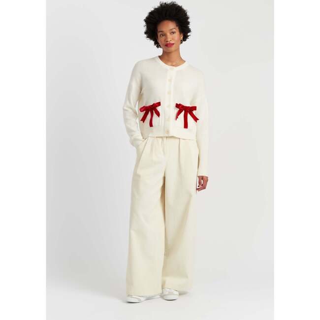 Wool-Cashmere Velvet Bow Cardigan, Cream