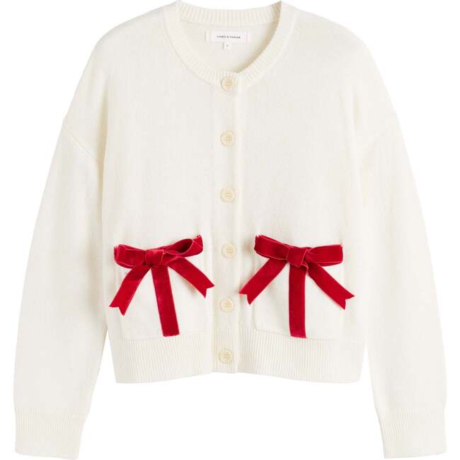 Wool-Cashmere Velvet Bow Cardigan, Cream - Sweaters - 3