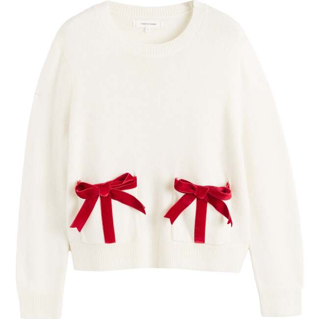 Wool-Cashmere Velvet Bow Sweater, Cream - Sweaters - 4