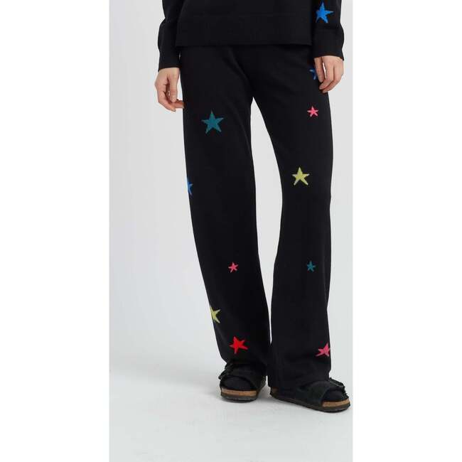 Wool Cashmere Star Wide-Leg Track Pants, Black/Multi