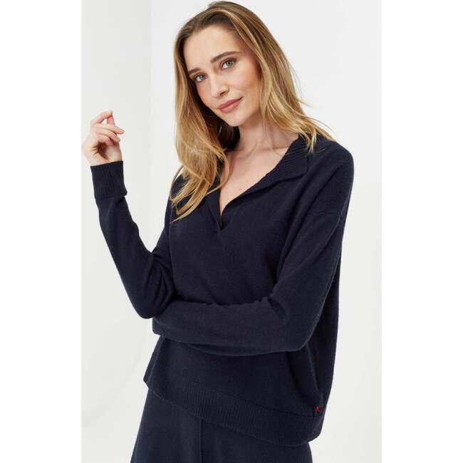Wool Cashmere Blend V Neck Collared Sweater, Navy