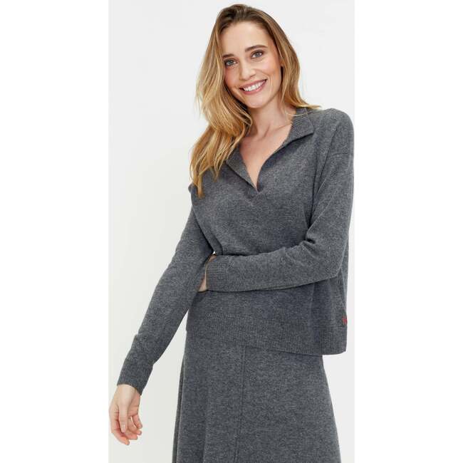 Wool Cashmere Blend V Neck Collared Sweater, Grey