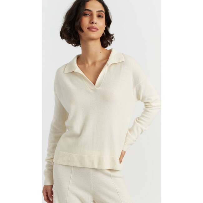 Wool Cashmere Blend V Neck Collared Sweater, Cream
