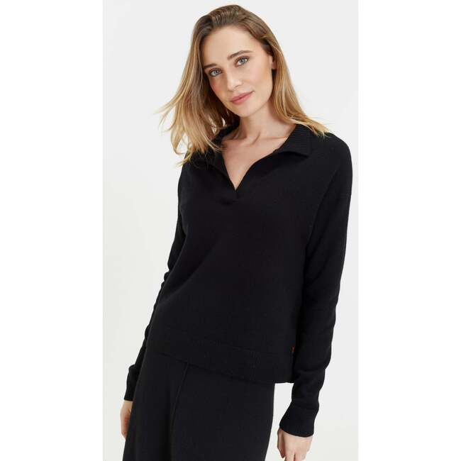Wool Cashmere Blend V Neck Collared Sweater, Black