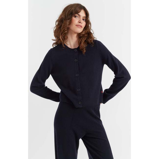 Wool Cashmere Blend Crew Neck Cropped Cardigan, Navy