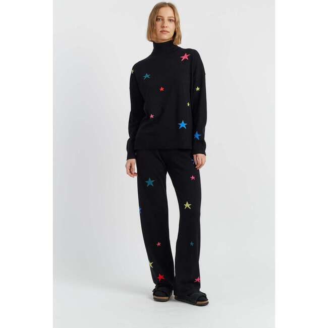 Wool Cashmere Star Wide-Leg Track Pants, Black/Multi