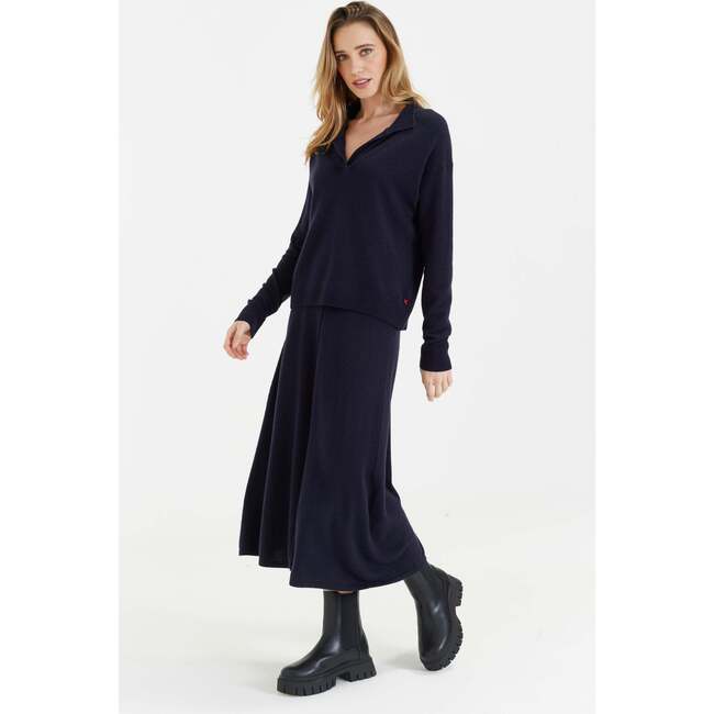 Wool Cashmere Blend V Neck Collared Sweater, Navy