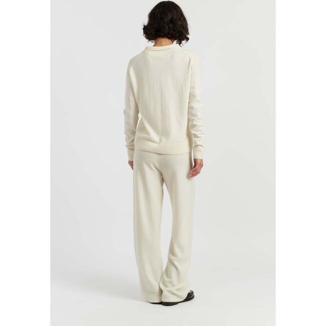 Wool Cashmere Blend V Neck Collared Sweater, Cream