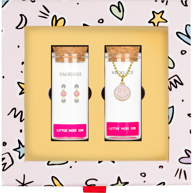 Pink Smiley Necklace and Earrings Gift Set, Pink