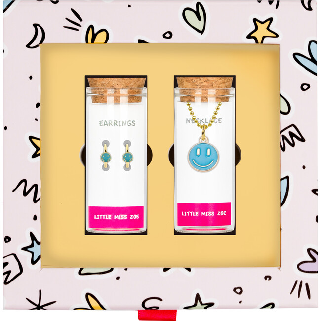 Blue Smiley Necklace and Earrings Gift Set, Blue