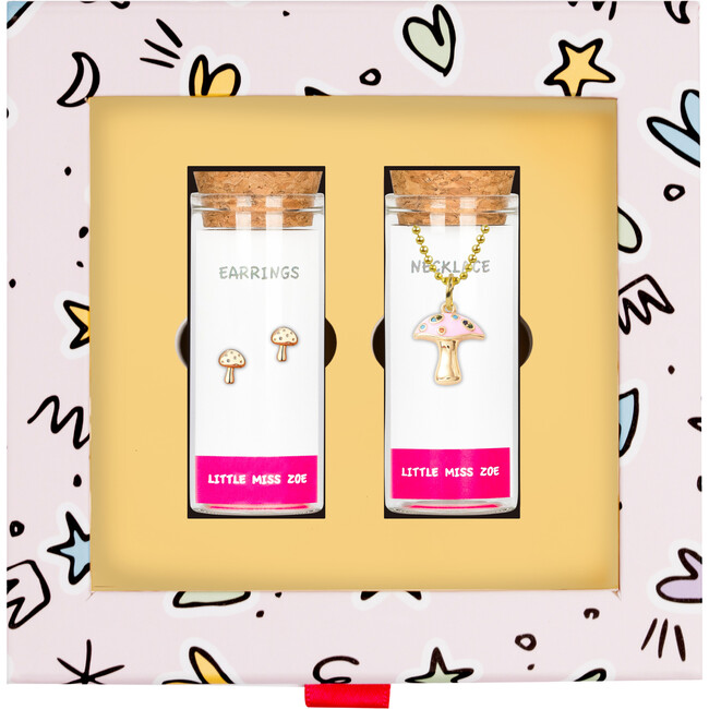 Mushroom Necklace and Earrings Gift Set, Pink