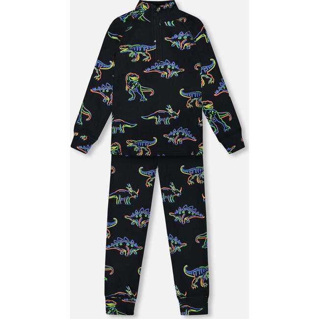 Two Piece Thermal Underwear Set, Black Printed Neon Dino - Loungewear - 1