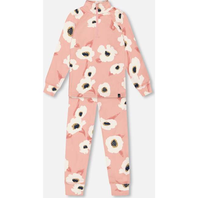 Two Piece Thermal Underwear, Pink Printed Off White Flowers - Loungewear - 1