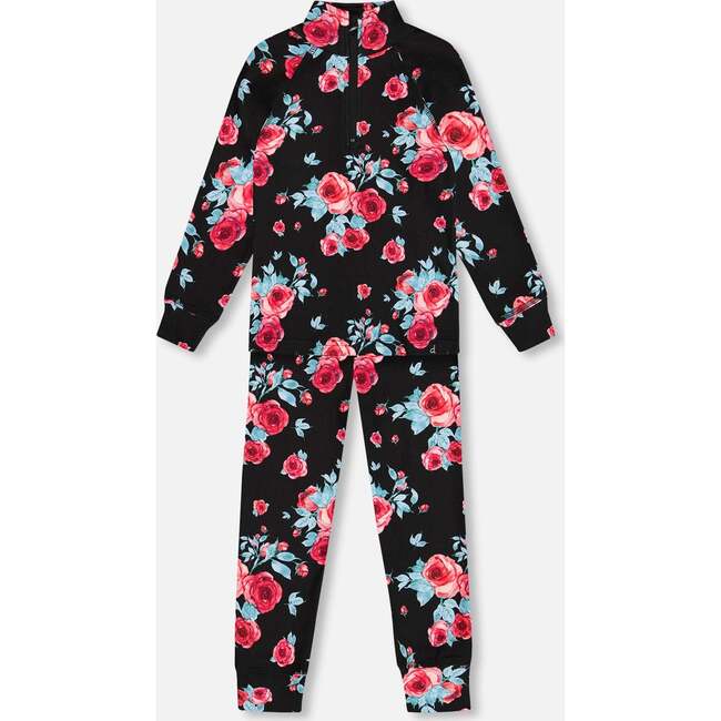 Two Piece Thermal Underwear, Black Printed Roses - Loungewear - 1