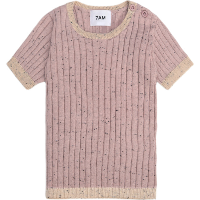 Ribbed Knit Short Sleeve Retro Top, Ash Rose