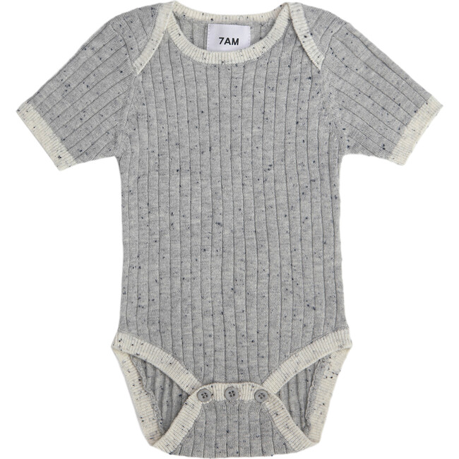 Ribbed Knit Short Sleeve Retro Bodysuit, Heather Grey