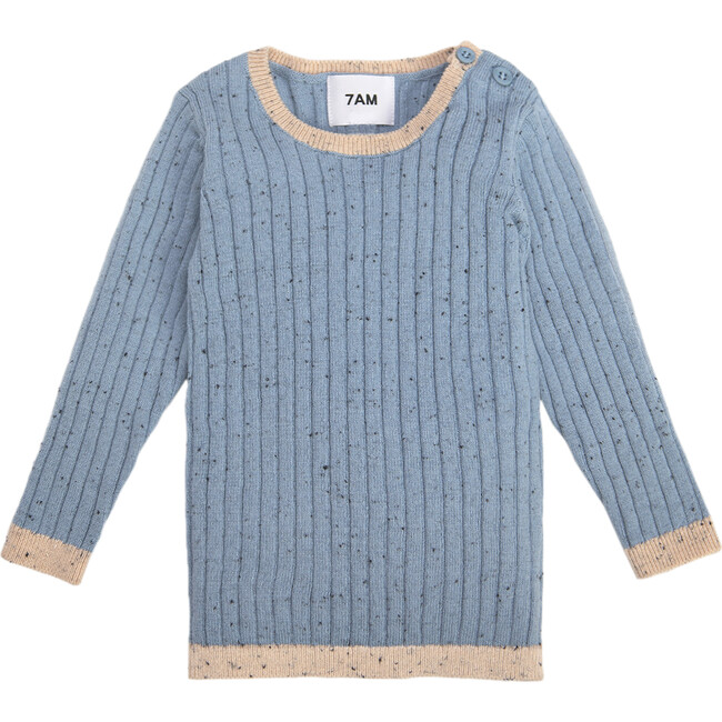 Ribbed Knit Long Sleeve Retro Top, Lake Blue
