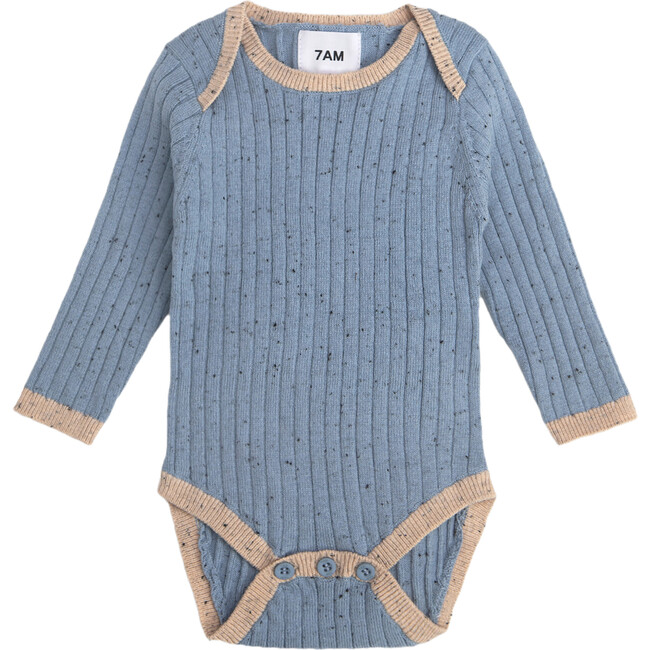 Ribbed Knit Long Sleeve Retro Bodysuit, Lake Blue