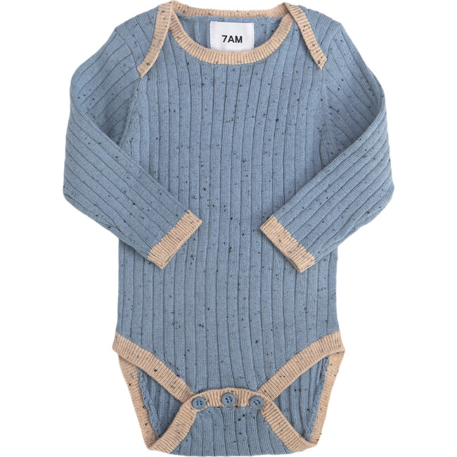 Ribbed Knit Long Sleeve Retro Bodysuit, Lake Blue
