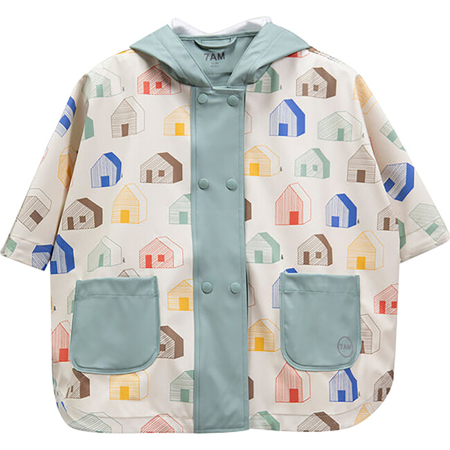House Print Rain Hooded Poncho, Teal