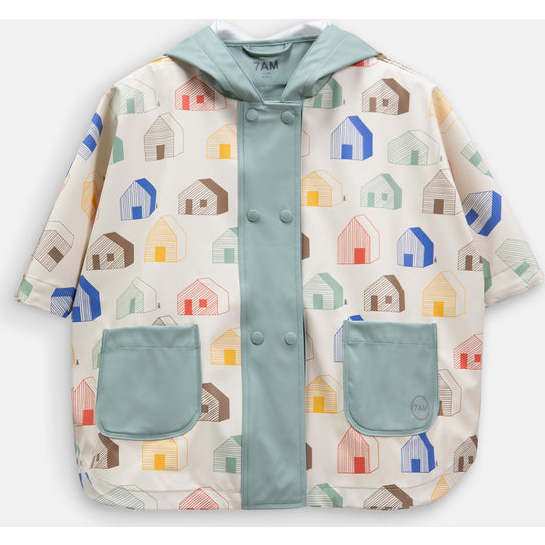 House Print Rain Hooded Poncho, Teal