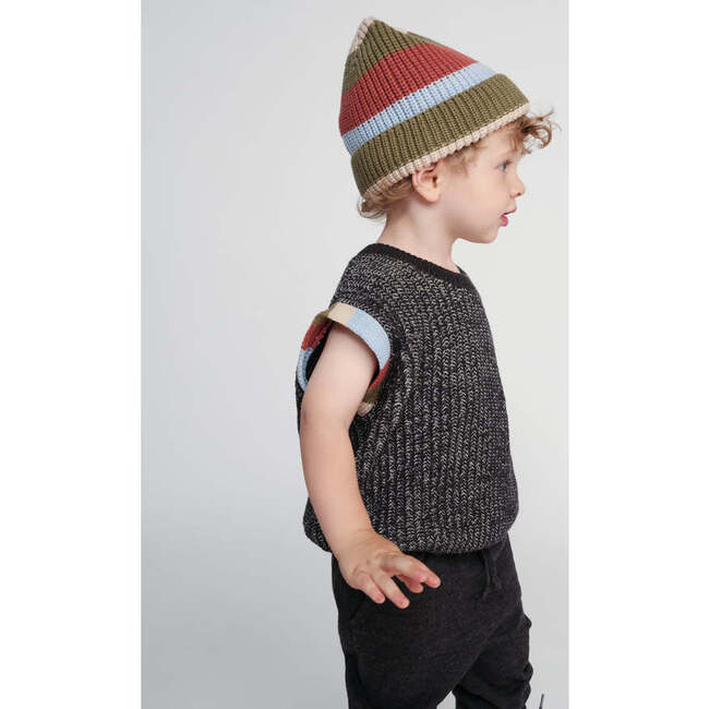 Chunky Ribbed Knit Striped Elastic Fit Beanie Hat, Black Melange & Multicolors