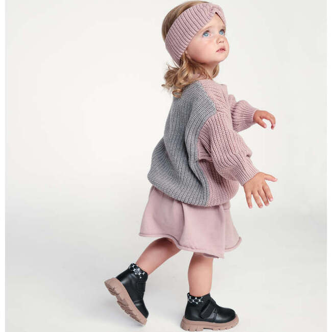 Chunky Ribbed Knit Round Neck Long Sleeve Wide Boxy Fit Sweater, Ash Rose & Grey