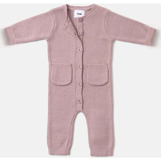 Chunky Ribbed Knit Round Neck Long Sleeve Fitted Romper, Ash Rose