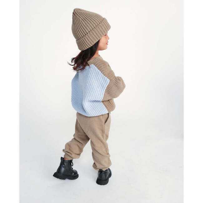 Chunky Ribbed Knit Round Neck Long Sleeve Wide Boxy Fit Sweater, Olive & Blue