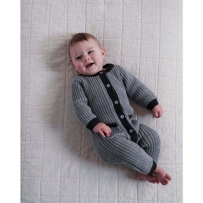 Chunky Ribbed Knit Round Neck Long Sleeve Loose-Fit Romper, Heather Grey & Black