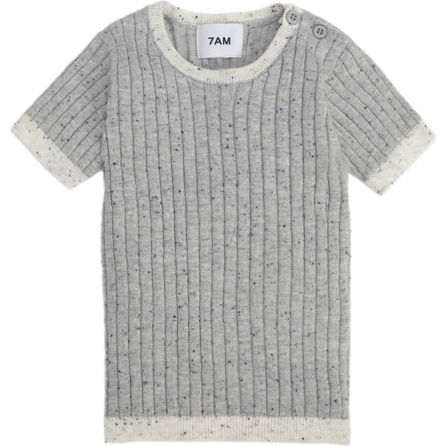 Ribbed Knit Short Sleeve Retro Top, Heather Grey