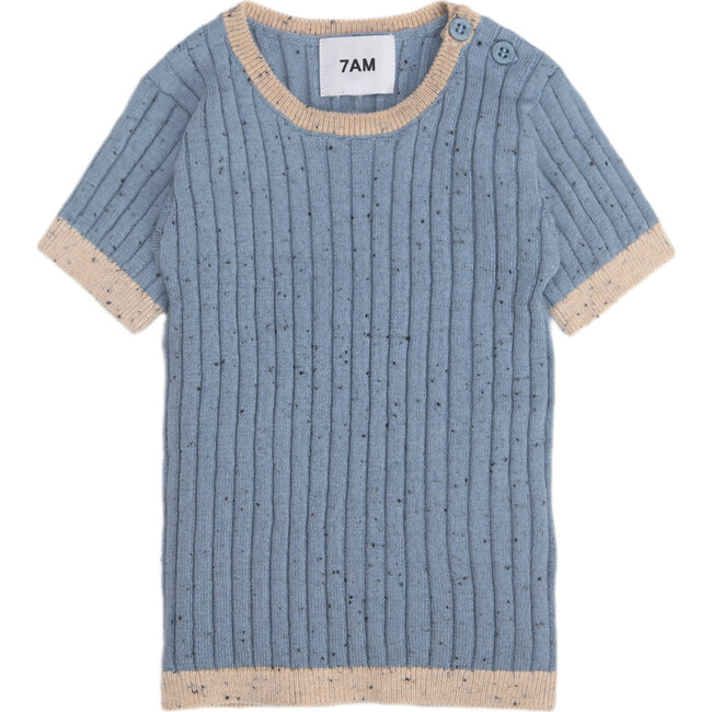 Ribbed Knit Short Sleeve Retro Top, Lake Blue